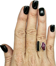 Load image into Gallery viewer, Raw Ruby &amp; Black Tourmaline Ring, Size O, Sterling Silver, Rough Gemstones, July Birth