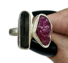 Load image into Gallery viewer, Raw Ruby &amp; Black Tourmaline Ring, Size O, Sterling Silver, Rough Gemstones, July Birth