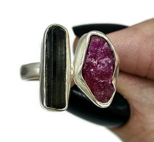 Raw Ruby & Black Tourmaline Ring, Size O, Sterling Silver, Rough Gemstones, July Birth