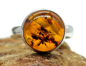 Baltic Amber Ring, size M, Sterling Silver, Round Shaped, Cognac Amber, Fossilized