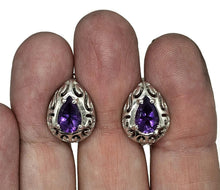 Load image into Gallery viewer, Amethyst Earrings, Huggie Design, Sterling Silver, February Birthstone, Purple Gemstone