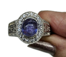 Load image into Gallery viewer, Tanzanite Halo Ring, size Q, Cabochon Gemstone, Sterling Silver, White Zircon