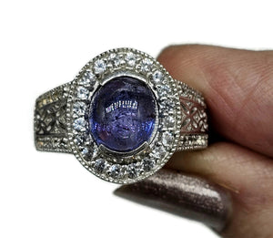 Tanzanite Halo Ring, size Q, Cabochon Gemstone, Sterling Silver, White Zircon