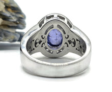 Load image into Gallery viewer, Tanzanite Halo Ring, size Q, Cabochon Gemstone, Sterling Silver, White Zircon