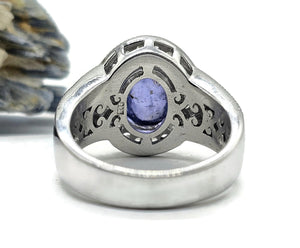 Tanzanite Halo Ring, size Q, Cabochon Gemstone, Sterling Silver, White Zircon