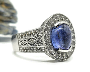 Tanzanite Halo Ring, size Q, Cabochon Gemstone, Sterling Silver, White Zircon