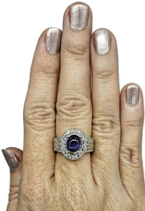 Tanzanite Halo Ring, size Q, Cabochon Gemstone, Sterling Silver, White Zircon