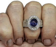 Load image into Gallery viewer, Tanzanite Halo Ring, size Q, Cabochon Gemstone, Sterling Silver, White Zircon