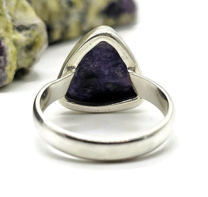 Charoite Ring, Sterling Silver, Size S, Triangle Shape, Swirls of Violet, Lavender & Purple