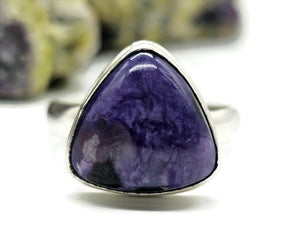 Charoite Ring, Sterling Silver, Size S, Triangle Shape, Swirls of Violet, Lavender & Purple