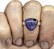 Load image into Gallery viewer, Charoite Ring, Sterling Silver, Size S, Triangle Shape, Swirls of Violet, Lavender &amp; Purple