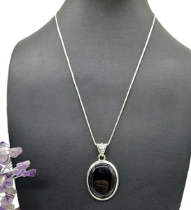 Big Oval Shaped Black Onyx Pendant, Leo Zodiac Stone, Sterling Silver, Protection Stone