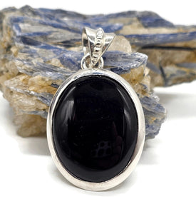 Big Oval Shaped Black Onyx Pendant, Leo Zodiac Stone, Sterling Silver, Protection Stone