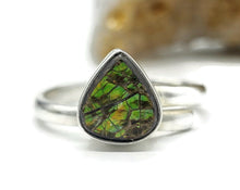 Load image into Gallery viewer, Green Gold Ammolite Ring, Size S, Sterling Silver, Pear Shaped, Fossilized Ammonite