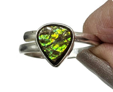 Load image into Gallery viewer, Green Gold Ammolite Ring, Size S, Sterling Silver, Pear Shaped, Fossilized Ammonite