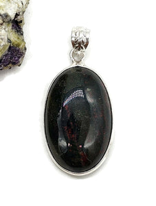 Bloodstone Pendant, Sterling Silver, Oval Shaped, Green Chalcedony with bright red