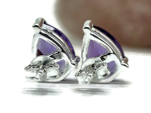 Teardrop Amethyst Studs, 5.5 carats, Sterling Silver, Pear Faceted, Solitaire studs, Prong set