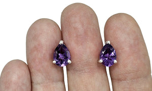 Teardrop Amethyst Studs, 5.5 carats, Sterling Silver, Pear Faceted, Solitaire studs, Prong set