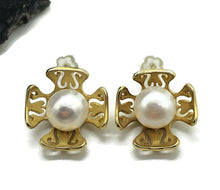 Load image into Gallery viewer, Floral Pearl Stud Earrings, Gold Plated Sterling Silver, White Pearl Studs, Flower Design