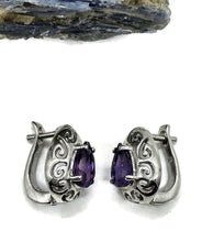 Load image into Gallery viewer, Amethyst Earrings, Huggie Design, Sterling Silver, February Birthstone, Purple Gemstone