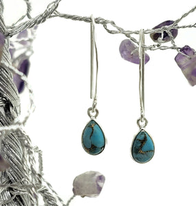 Blue Copper Turquoise Earrings, December Birthstone, Sterling Silver, Pear Shaped