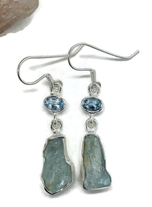 Blue Topaz & Raw Aquamarine Earrings, Sterling Silver, Protection Stone, Love Stone