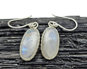 Oval Moonstone Earrings, Sterling Silver, Rainbow Moonstones, Modern June Birthstone