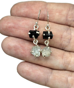 Black Tourmaline & Aquamarine Earrings, Sterling Silver, Raw Gemstones, RAW Gemstone