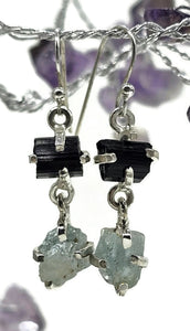 Black Tourmaline & Aquamarine Earrings, Sterling Silver, Raw Gemstones, RAW Gemstone