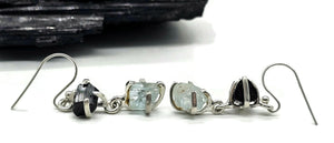 Black Tourmaline & Aquamarine Earrings, Sterling Silver, Raw Gemstones, RAW Gemstone