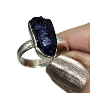 Rough Sapphire Ring, Size P, September Birthstone, Sterling Silver, Raw Blue Sapphire