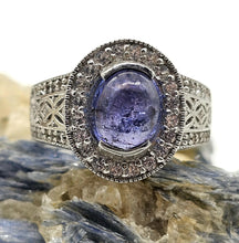 Load image into Gallery viewer, Tanzanite Halo Ring, size Q, Cabochon Gemstone, Sterling Silver, White Zircon