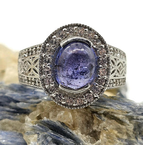 Tanzanite Halo Ring, size Q, Cabochon Gemstone, Sterling Silver, White Zircon