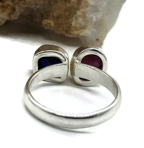 Raw Ruby & Raw Blue Sapphire Ring, Size Q, Sterling Silver, Rough Gemstones