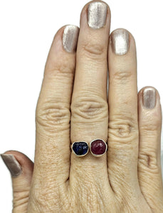 Raw Ruby & Raw Blue Sapphire Ring, Size Q, Sterling Silver, Rough Gemstones