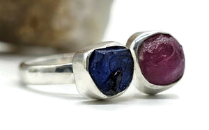 Raw Ruby & Raw Blue Sapphire Ring, Size Q, Sterling Silver, Rough Gemstones