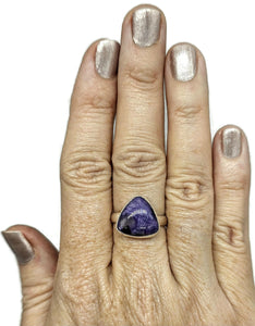 Charoite Ring, Sterling Silver, Size S, Triangle Shape, Swirls of Violet, Lavender & Purple