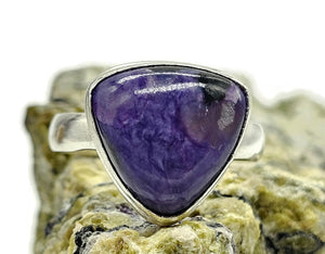 Charoite Ring, Sterling Silver, Size S, Triangle Shape, Swirls of Violet, Lavender & Purple