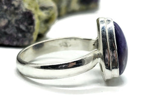 Charoite Ring, Sterling Silver, Size S, Triangle Shape, Swirls of Violet, Lavender & Purple