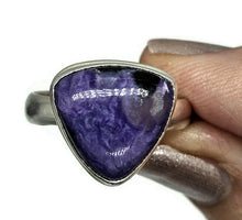 Load image into Gallery viewer, Charoite Ring, Sterling Silver, Size S, Triangle Shape, Swirls of Violet, Lavender &amp; Purple