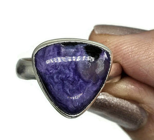 Charoite Ring, Sterling Silver, Size S, Triangle Shape, Swirls of Violet, Lavender & Purple