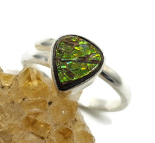 Load image into Gallery viewer, Green Gold Ammolite Ring, Size S, Sterling Silver, Pear Shaped, Fossilized Ammonite