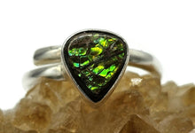 Load image into Gallery viewer, Green Gold Ammolite Ring, Size S, Sterling Silver, Pear Shaped, Fossilized Ammonite