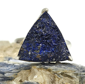 Raw Azurite Ring, size S, Sterling Silver, Rough Triangle Gem, Natural Stone