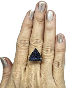 Raw Azurite Ring, size S, Sterling Silver, Rough Triangle Gem, Natural Stone