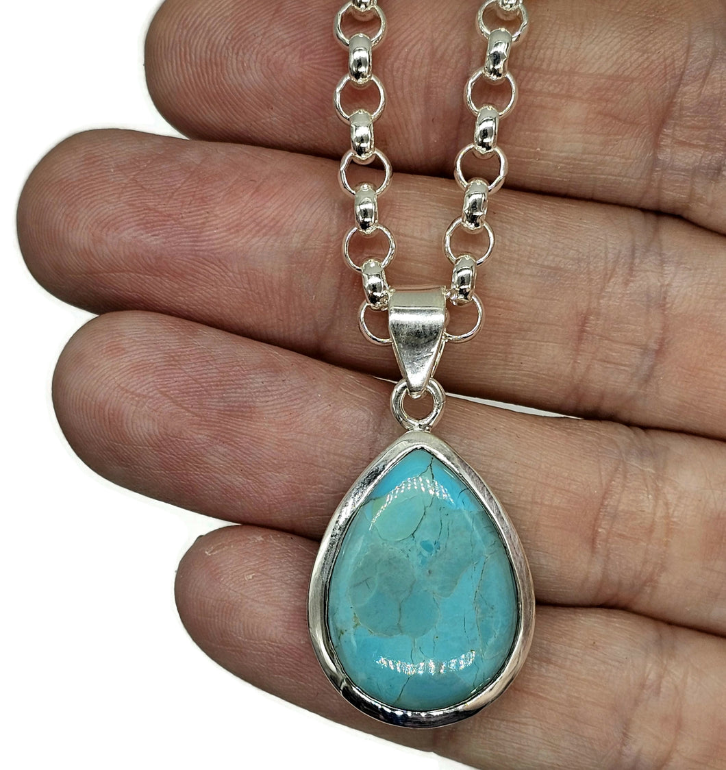 Blue Turquoise Pendant, December Birthstone, Sterling Silver, Pear Shaped, Protection