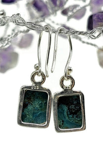 Chrysocolla Earrings, Rectangle Shaped, Sterling Silver, Green Blue Gemstone