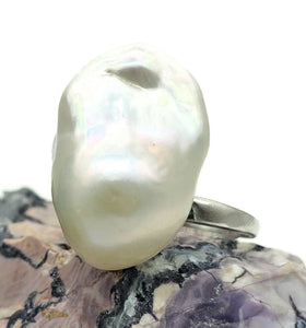 Flameball / Fireball Pearl Ring, Size S, Sterling Silver, Adjustable, June Birthstone