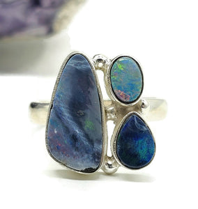 Australian Opal Ring, Size Q, Three Stone Ring, Sterling Silver, Aura Gem, Psychic Gem