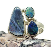 Load image into Gallery viewer, Australian Opal Ring, Size Q, Three Stone Ring, Sterling Silver, Aura Gem, Psychic Gem